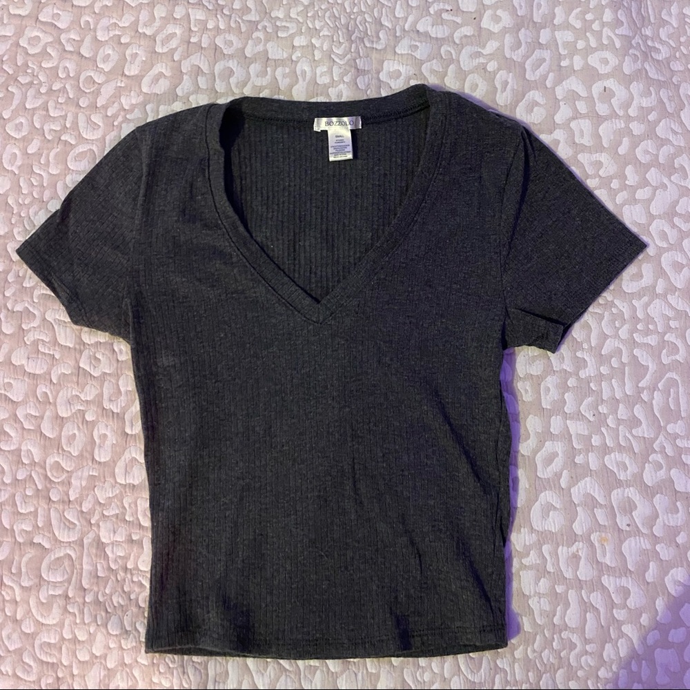 Dark Gray Short Sleeve Ribbed V Neck tee